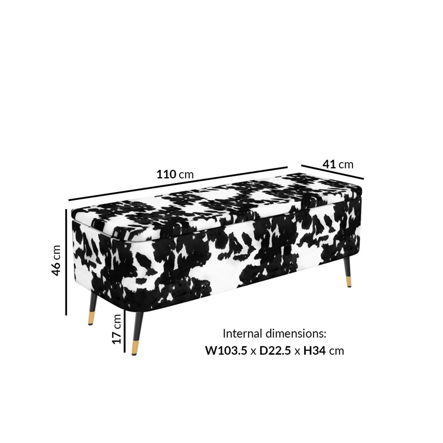 Small Velvet Ottoman Storage Bench in Cow Print - Felicity