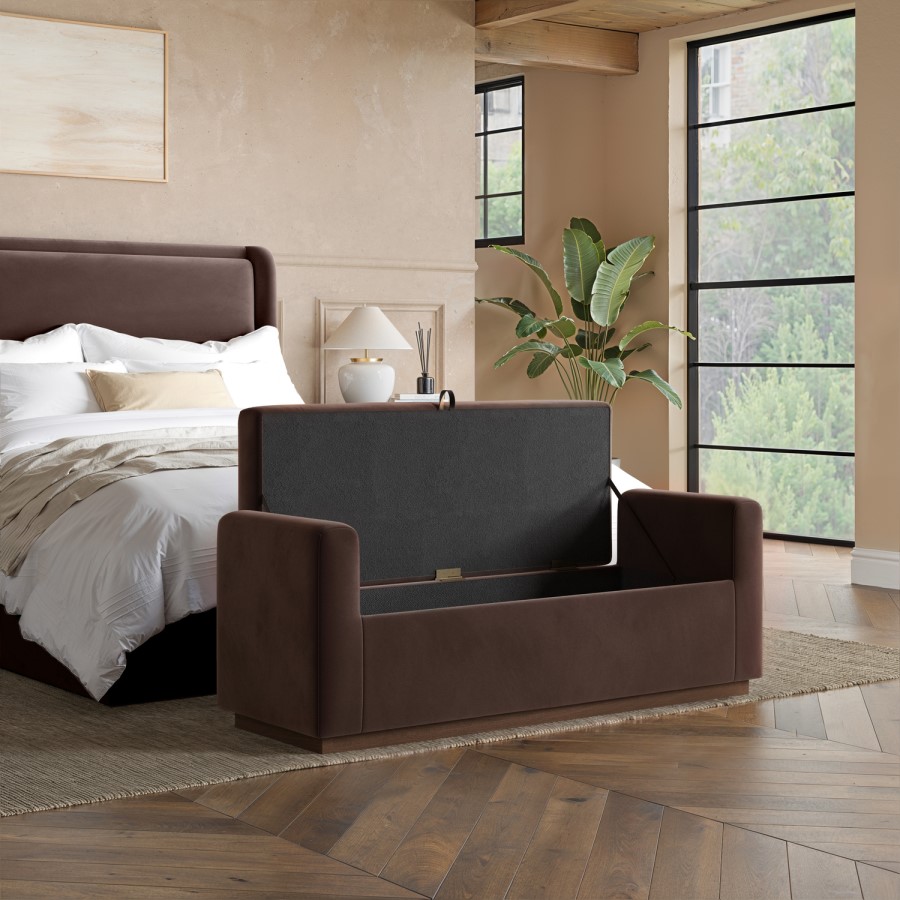Chocolate Brown Velvet Blanket Box with Dark Wood Plinth - Fern
