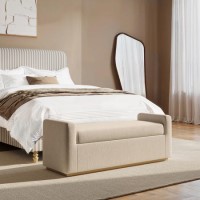 Beige Linen Blanket Box with Oak Wood Plinth - Fern