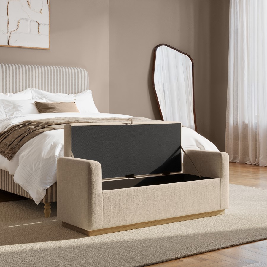 Beige Linen Blanket Box with Oak Wood Plinth - Fern