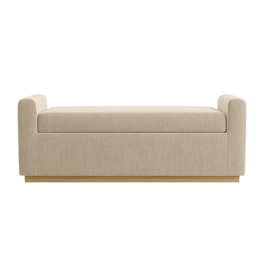Beige Linen Blanket Box with Oak Wood Plinth - Fern