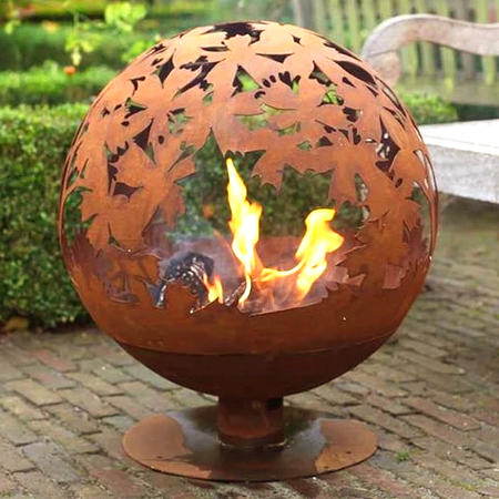 Cast Iron Fire Pit Globe With Laser Cut Leaf Pattern
