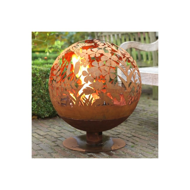 Fallen Fruits Rust Effect Fire Pit Globe with Laser Cut Meadow Design