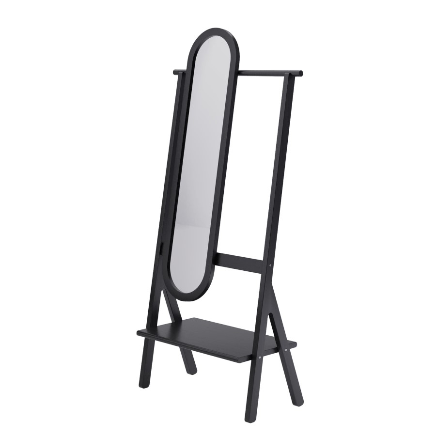 Black Freestanding Full-Length Hall Mirror with Hanging Rail and Shelf - Figo 