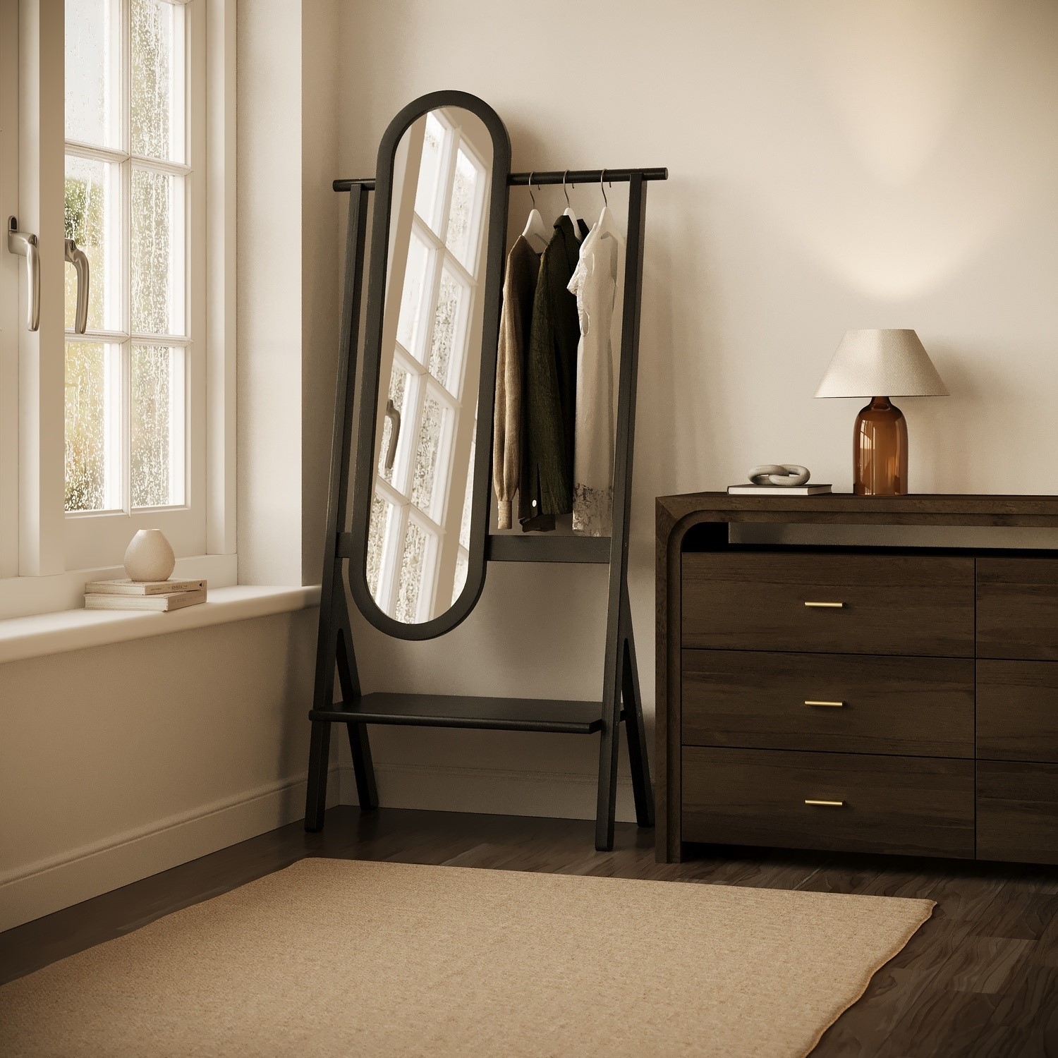 Figo Black Freestanding Full-Length Mirror With Hanging Rail And Shelf