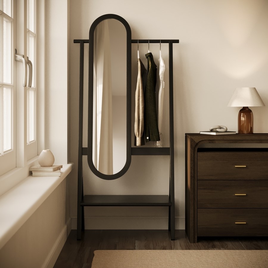 Black Freestanding Full-Length Mirror with Hanging Rail and Shelf - Figo 