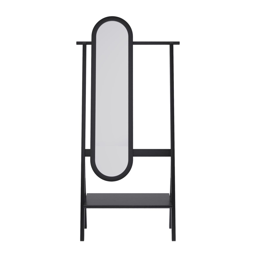Black Freestanding Full-Length Hall Mirror with Hanging Rail and Shelf - Figo 
