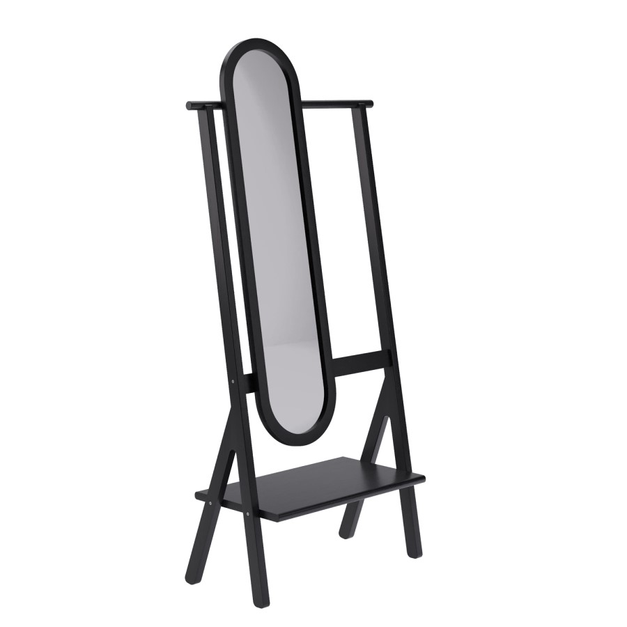 Black Freestanding Full-Length Hall Mirror with Hanging Rail and Shelf - Figo 