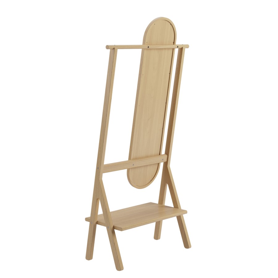 Light Wood Freestanding Full-Length Hall Mirror with Hanging Rail and Shelf - Figo 