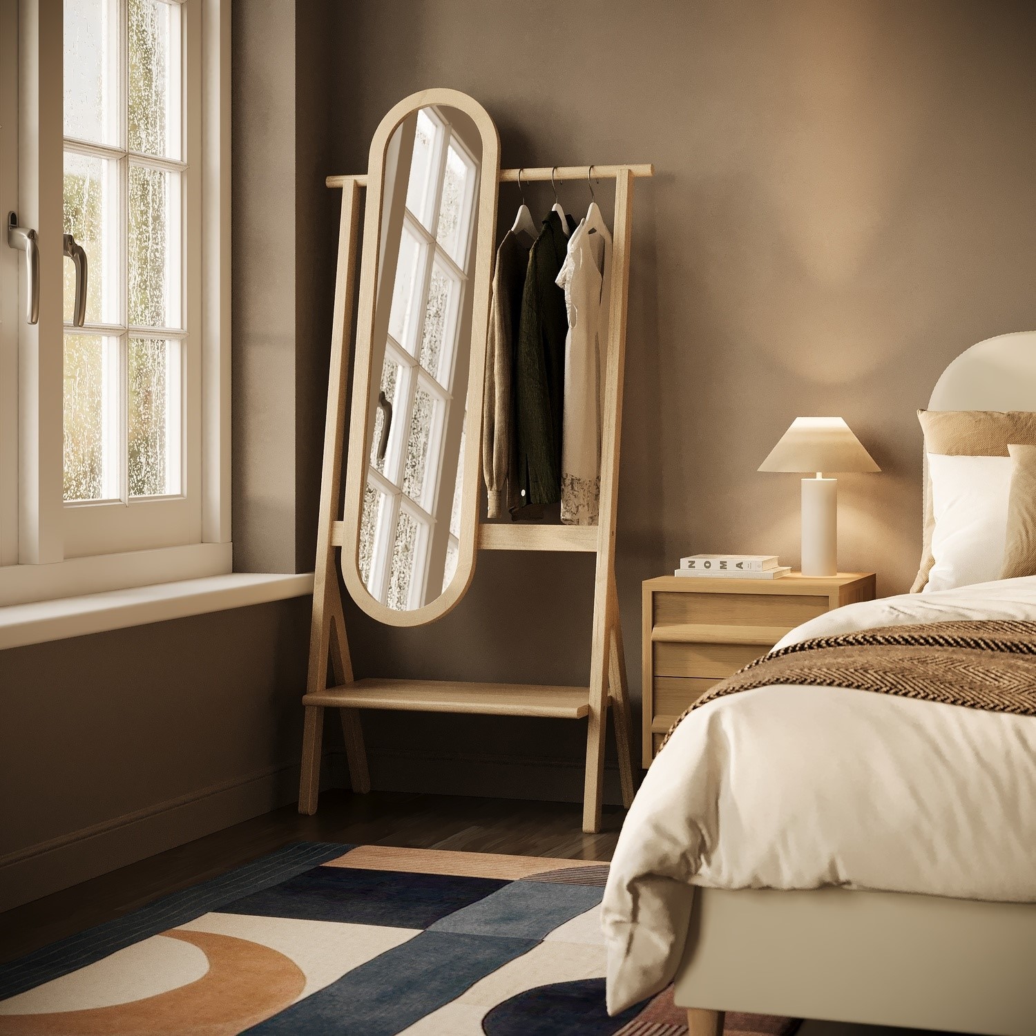Figo Brown Light Wood Freestanding Full-Length Mirror With Hanging Rail And Shelf