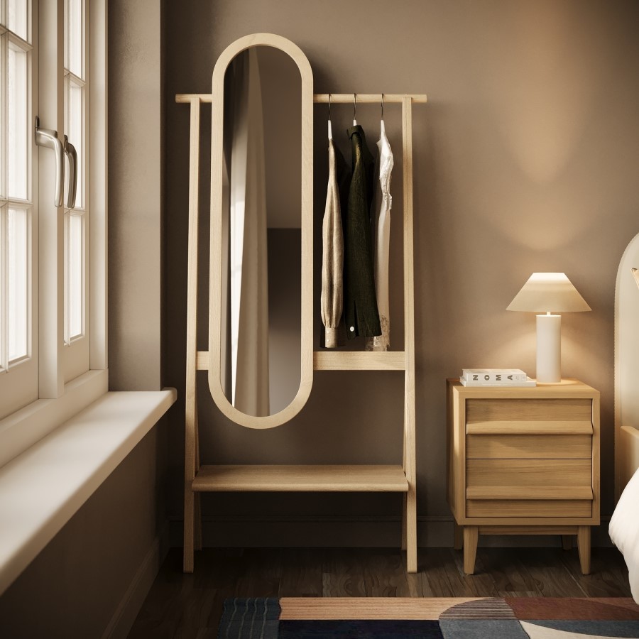 Light Wood Freestanding Full-Length Mirror with Hanging Rail and Shelf - Figo 