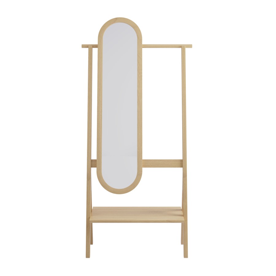 Light Wood Freestanding Full-Length Hall Mirror with Hanging Rail and Shelf - Figo 