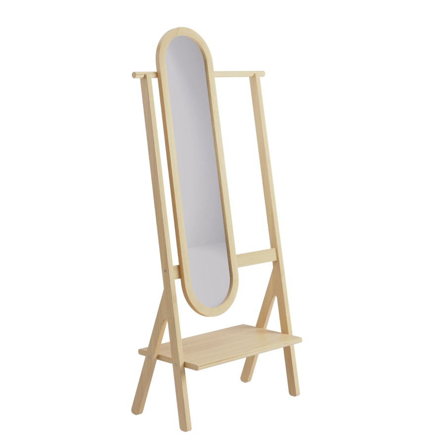 Light Wood Freestanding Full-Length Hall Mirror with Hanging Rail and Shelf - Figo 