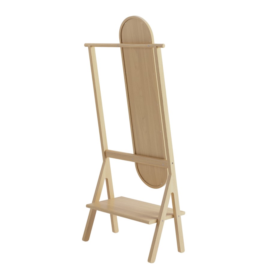 Light Wood Freestanding Full-Length Hall Mirror with Hanging Rail and Shelf - Figo 