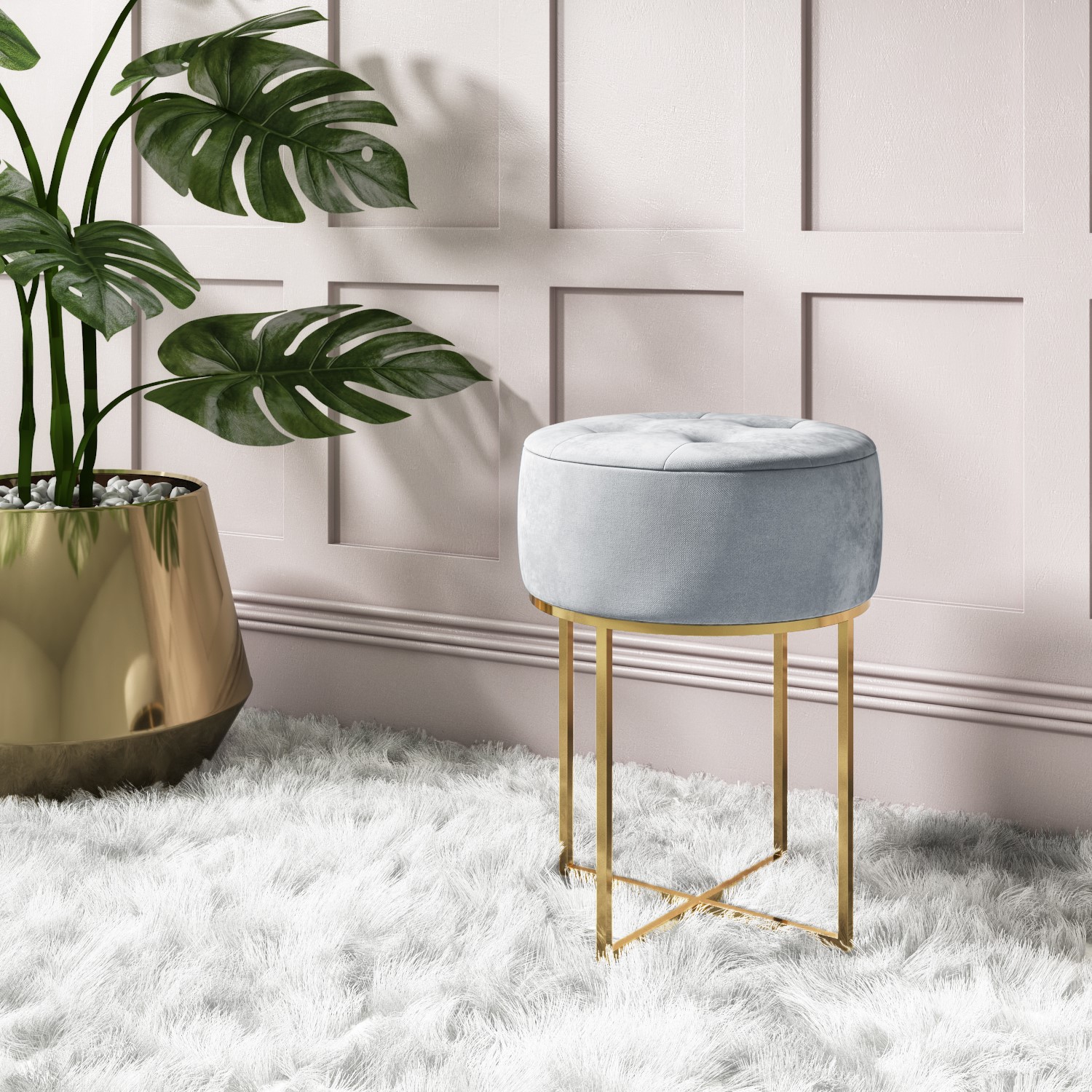 grey velvet dressing table stool with gold legs fiorella