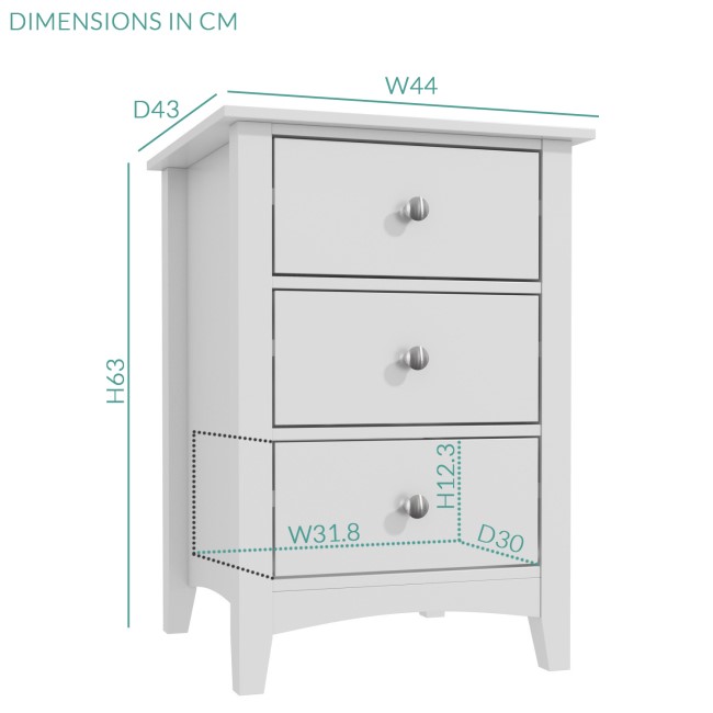 Light Grey Painted 3 Drawer Bedside Table - Finch