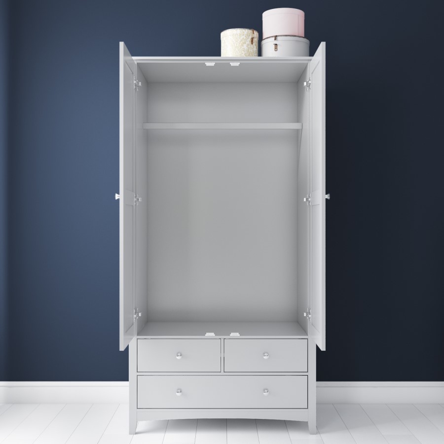 Light Grey Painted 2 Door Double Wardrobe with Drawers - Finch