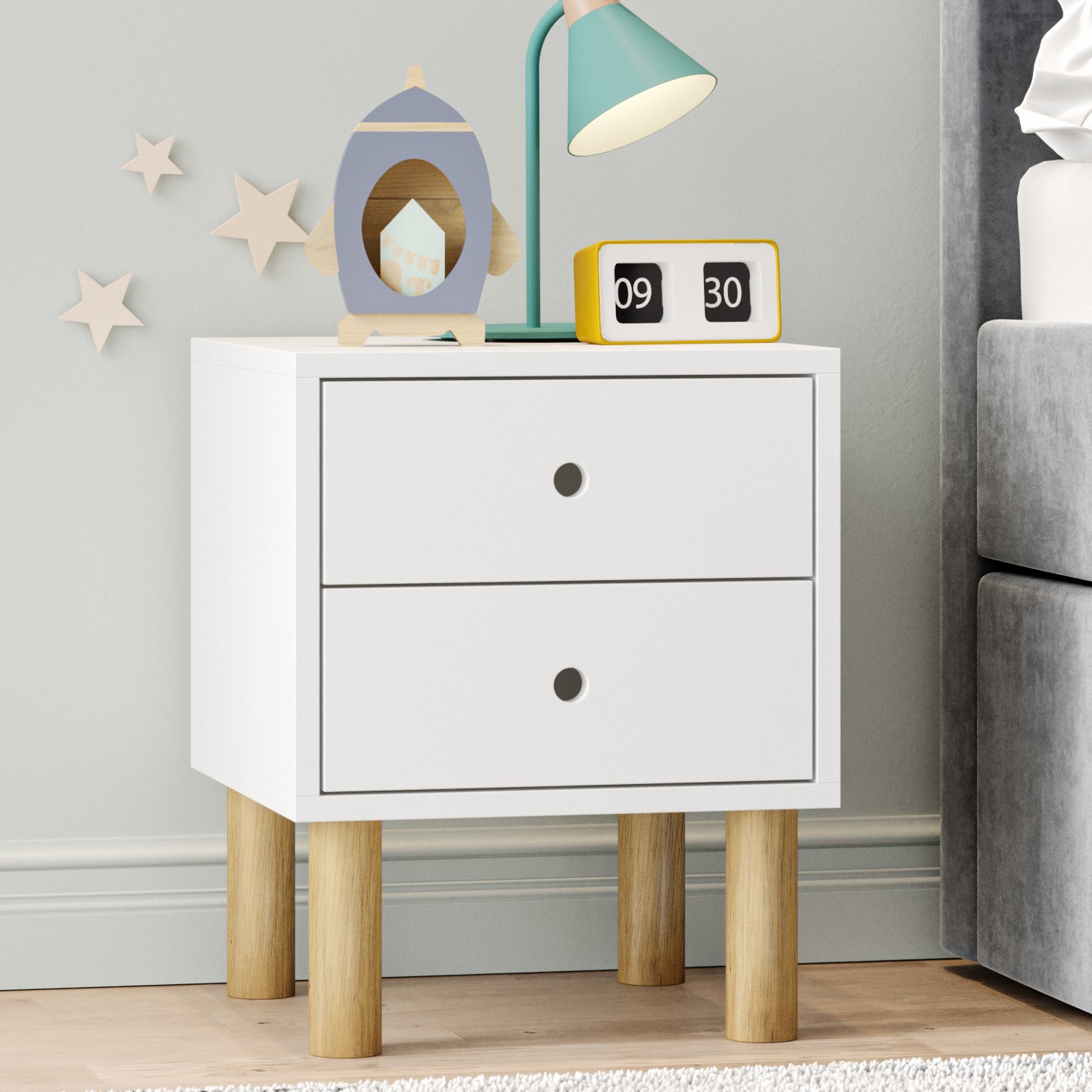 Photo of Kids white scandi 2 drawer bedside table with wooden legs - juni