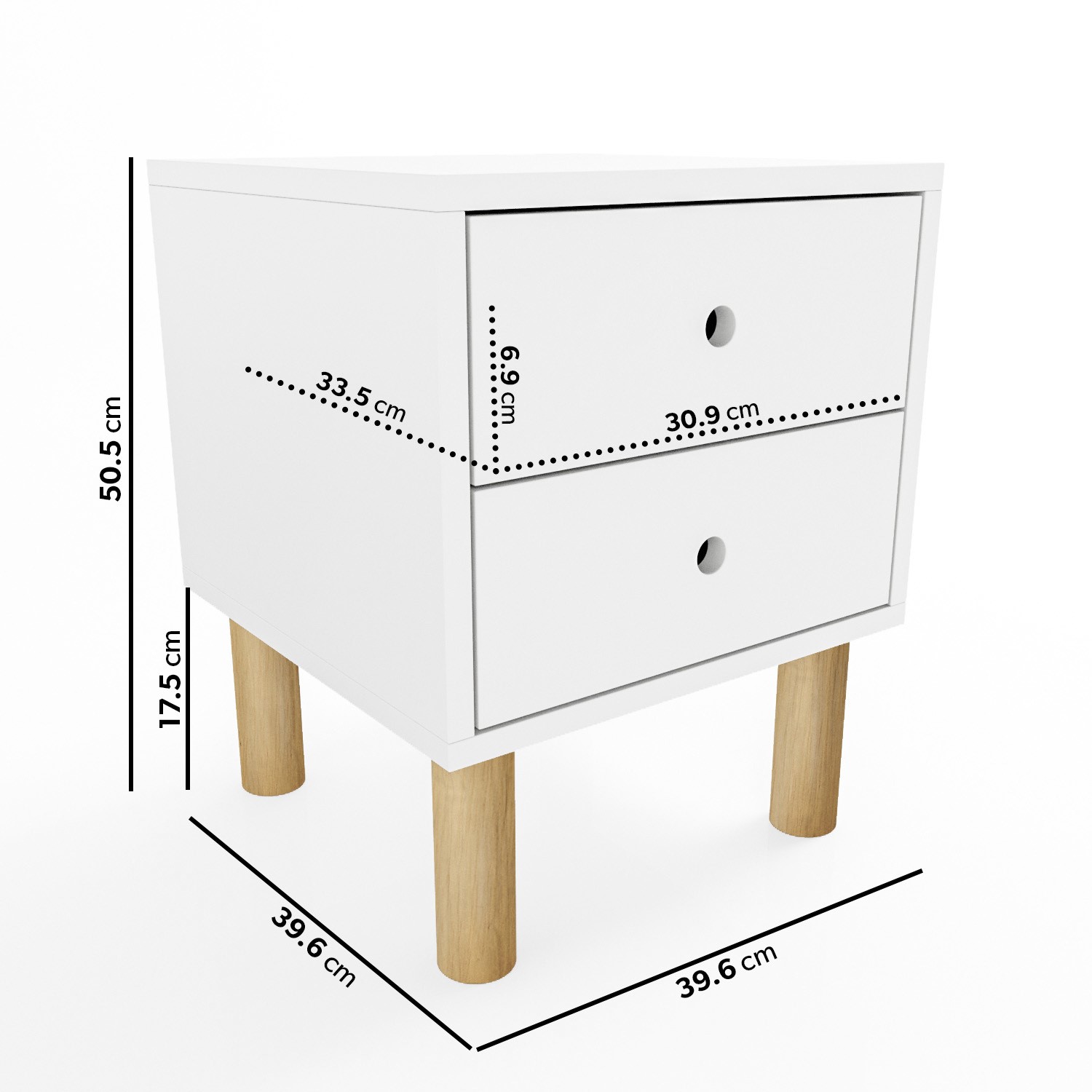 Read more about Kids white scandi 2 drawer bedside table with wooden legs juni