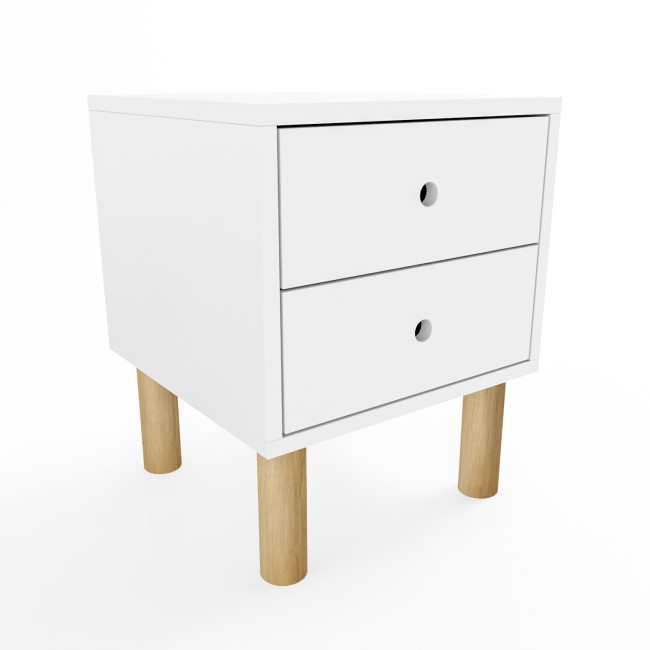 Kids White Scandi 2 Drawer Bedside Table with Wooden Legs - Juni