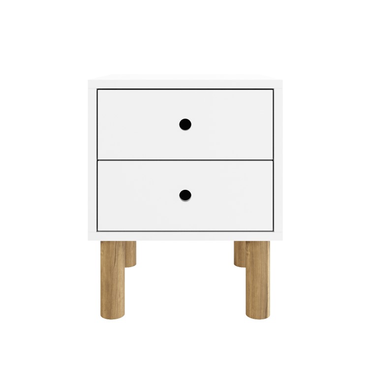 Kids White Scandi 2 Drawer Bedside Table with Wooden Legs - Juni