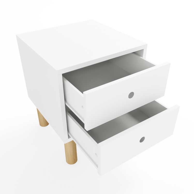 Kids White Scandi 2 Drawer Bedside Table with Wooden Legs - Juni