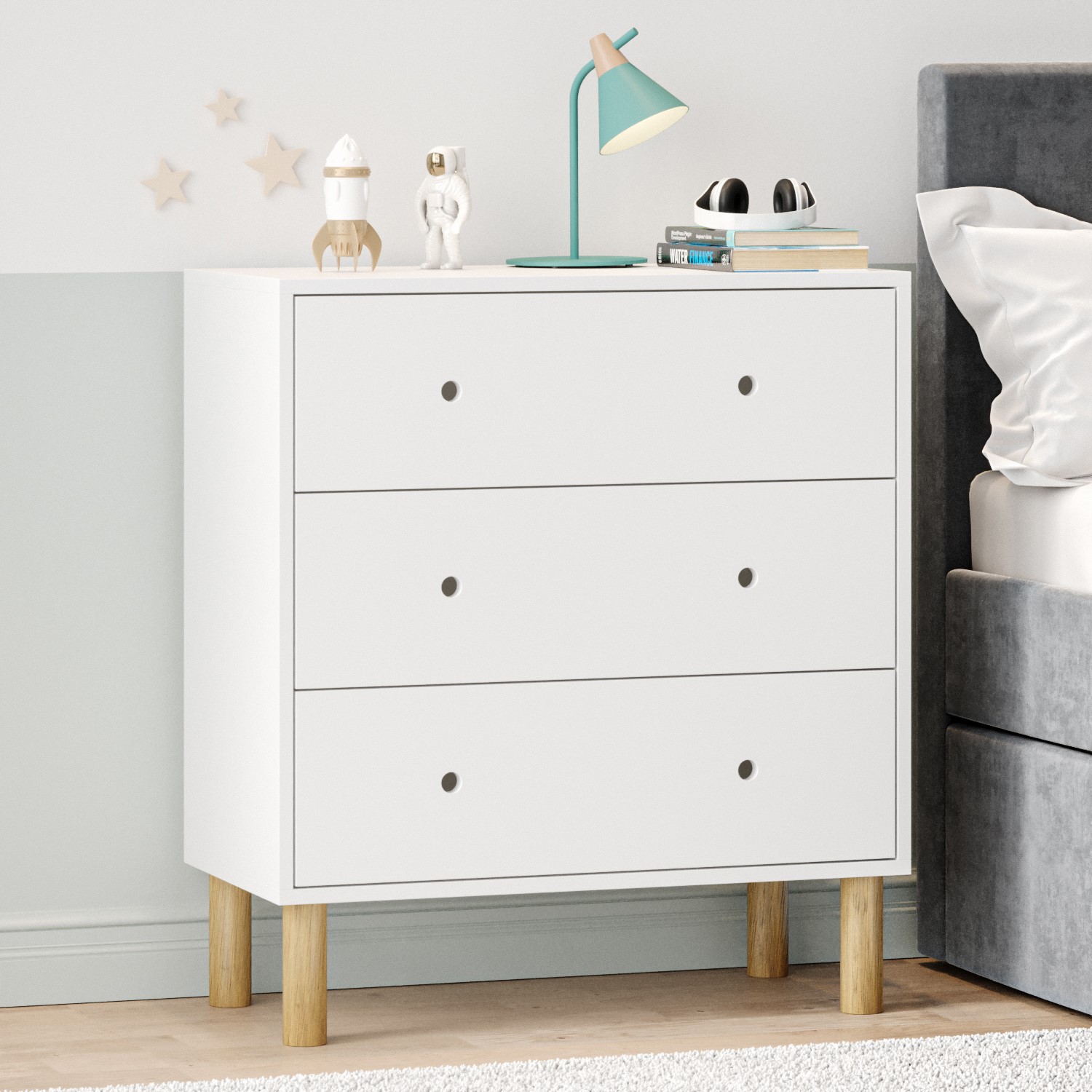 Photo of Kids white scandi chest of 3 drawers with wooden legs - juni