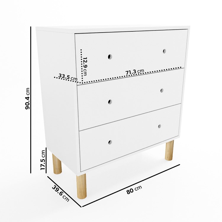 Kids White Scandi Chest of 3 Drawers with Wooden Legs - Juni