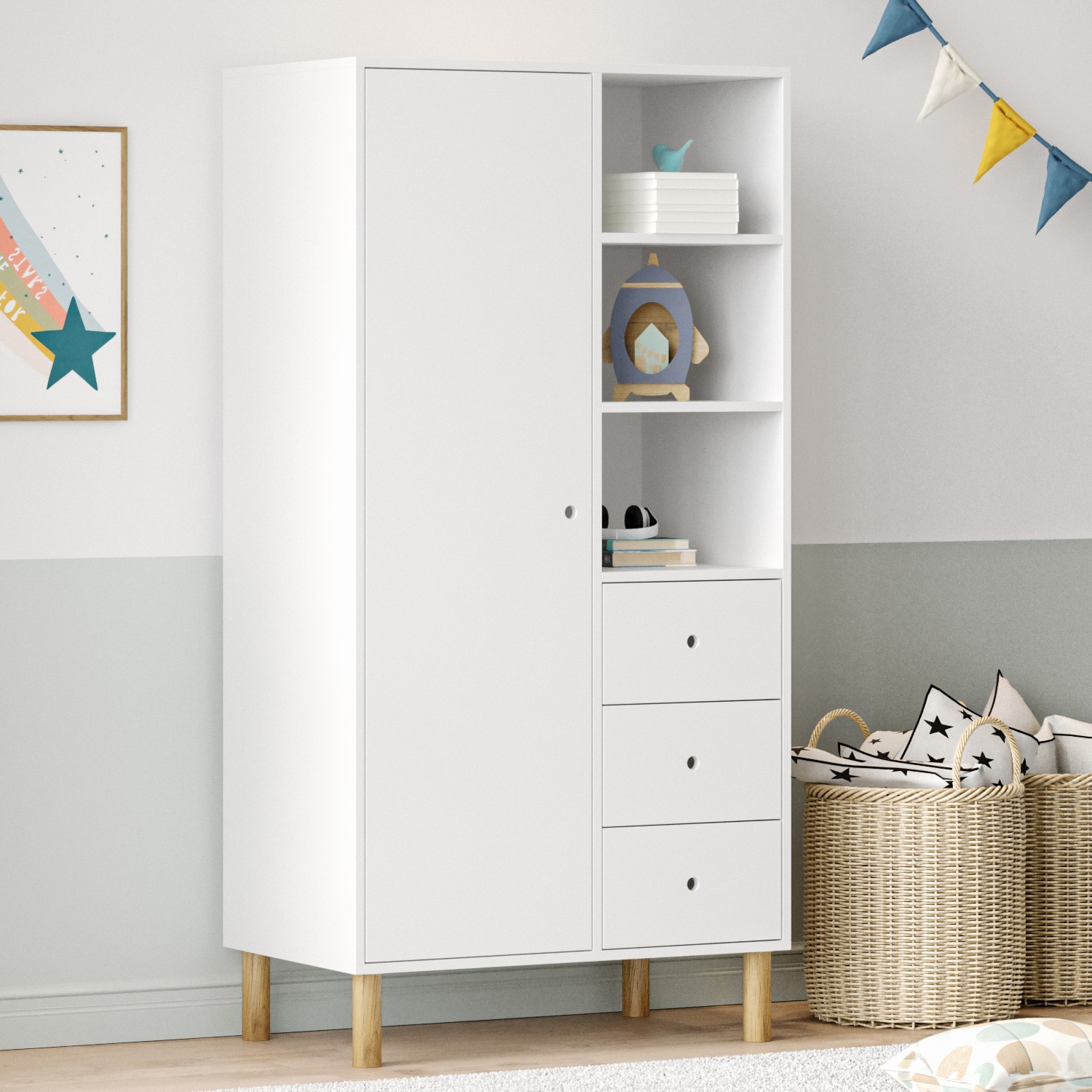 Photo of Kids white scandi wardrobe with drawers and shelves - juni