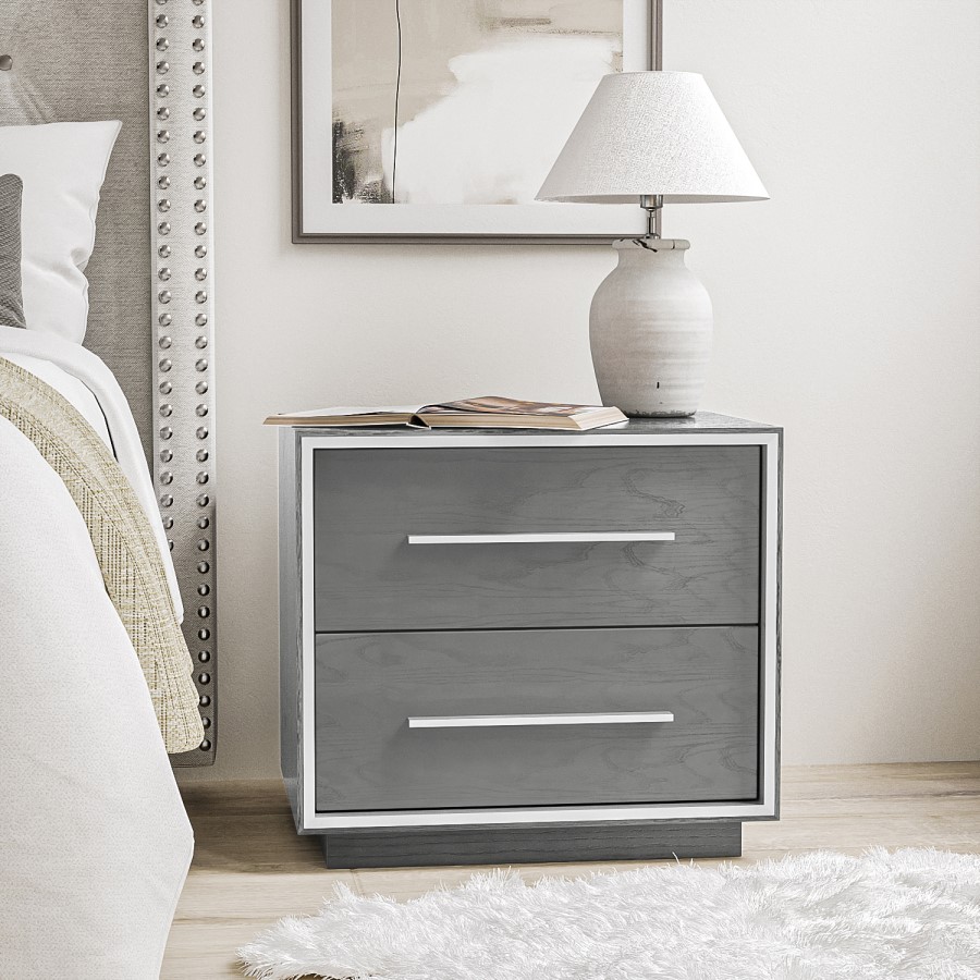 GRADE A1 - Grey Oak Rustic 2 Drawer Bedside Table - Franco