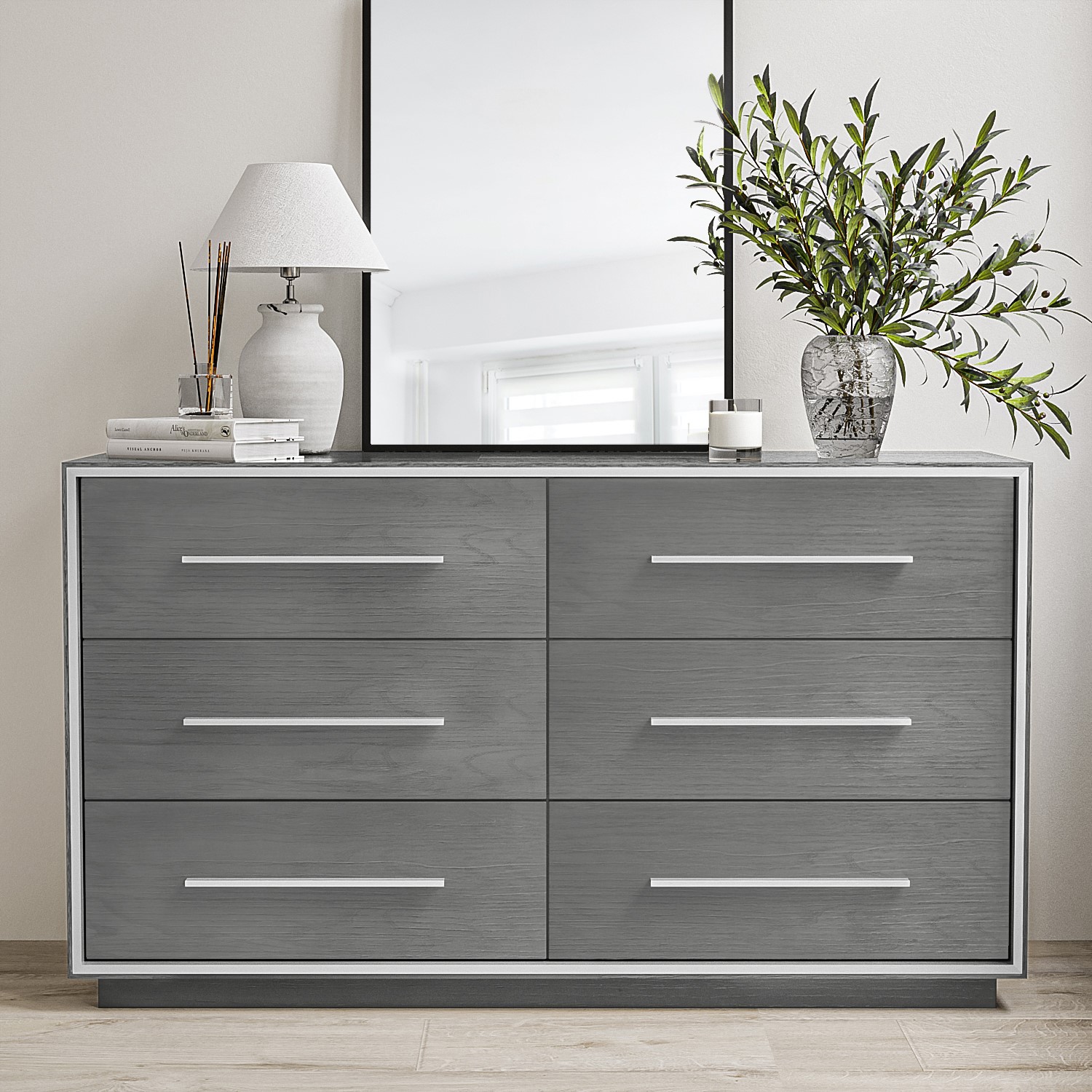 Photo of Wide grey oak rustic chest of 6 drawers - franco