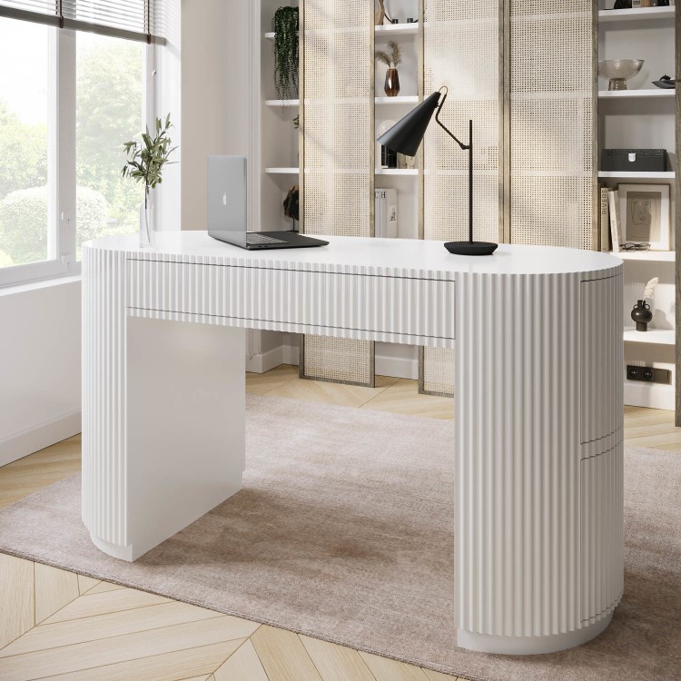 Large White Ribbed Desk with Drawers - Finn