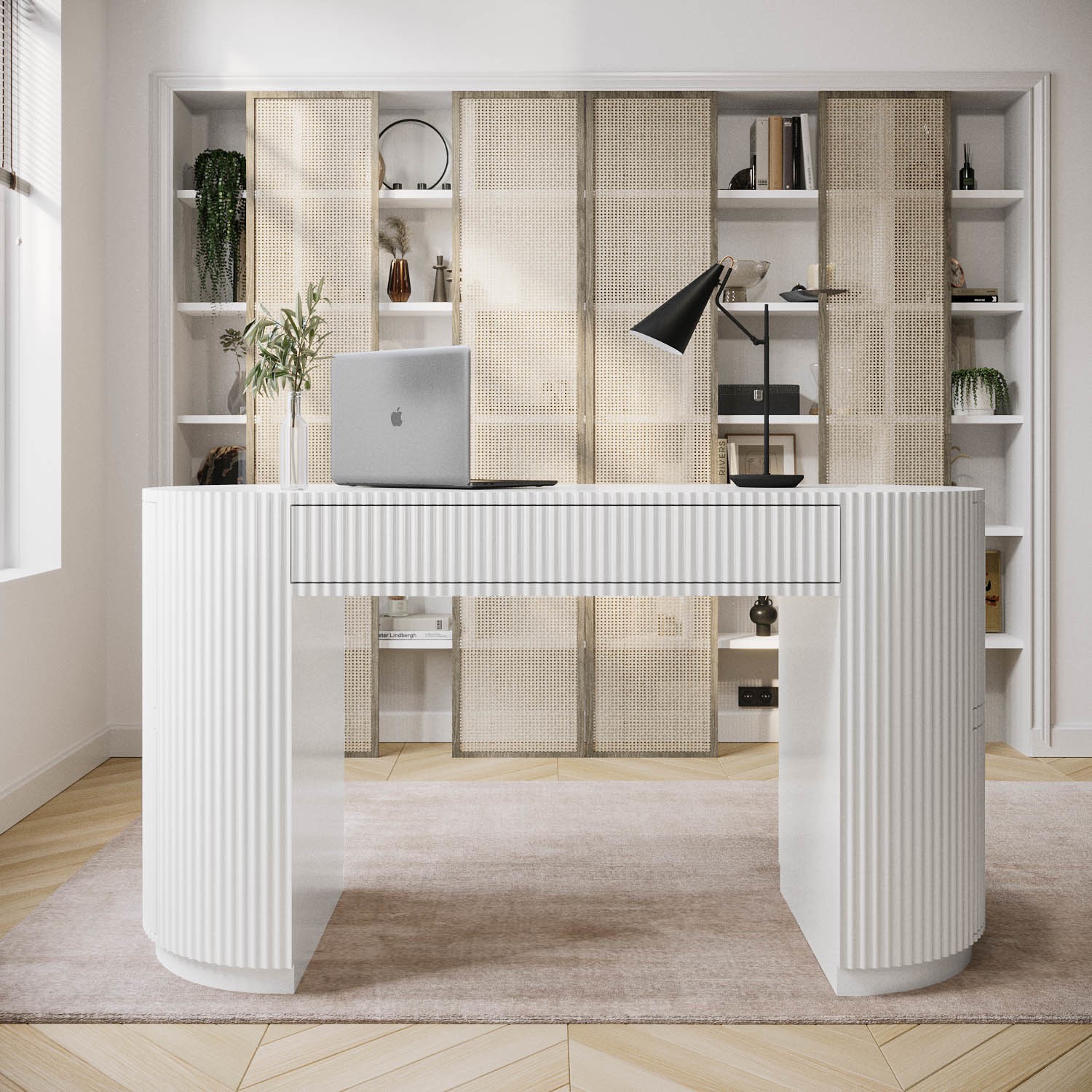 Large White Ribbed Desk with Drawers - Finn - Furniture123