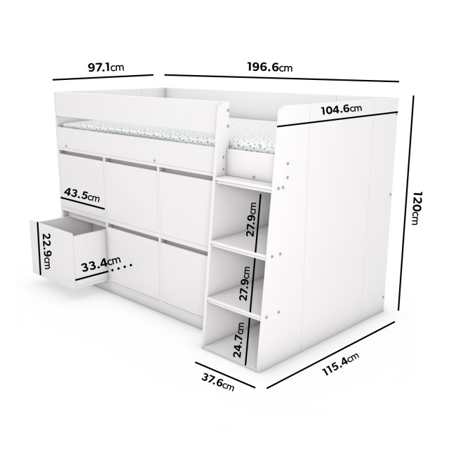 White Mid Sleeper Cabin Bed with Storage Drawers - Finley