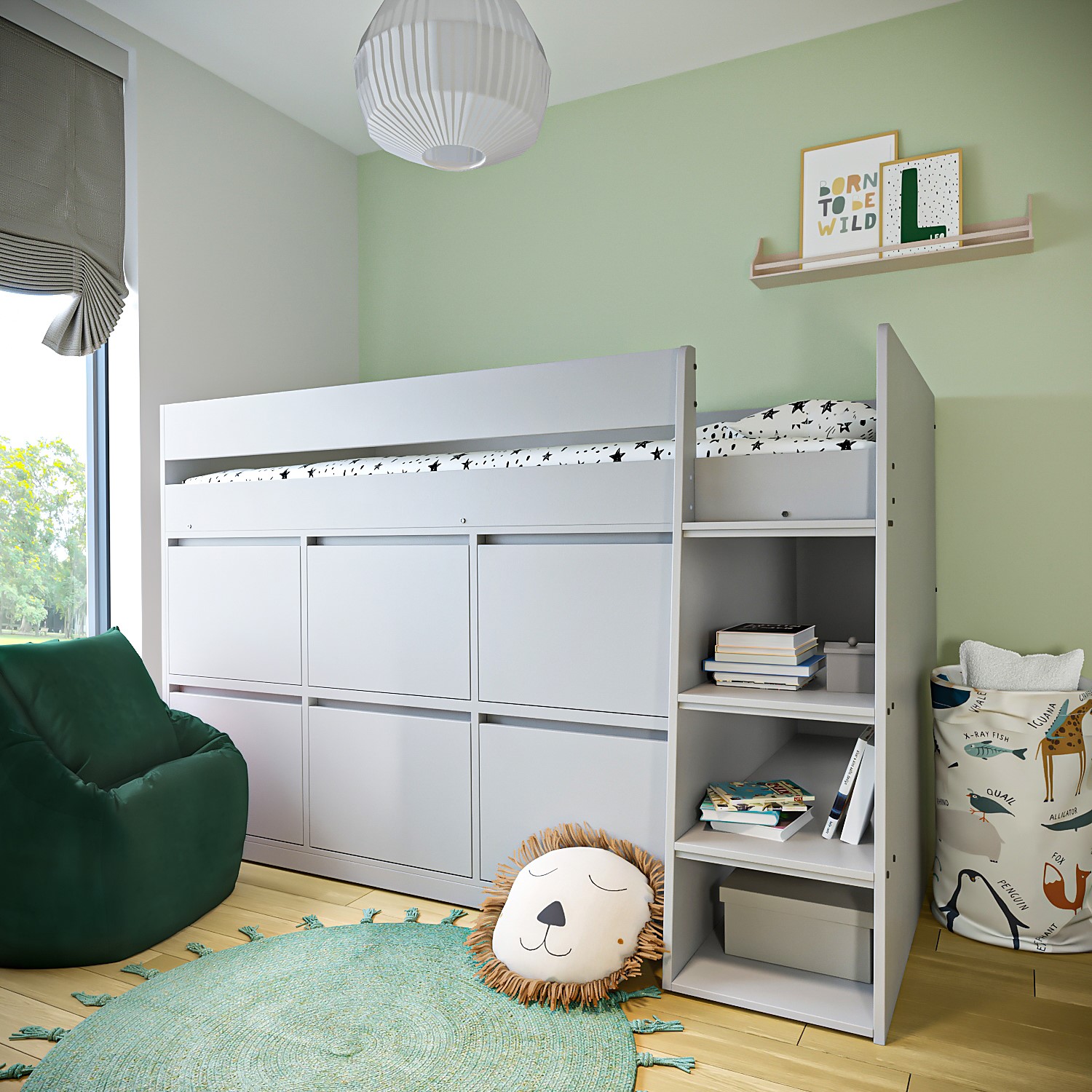 Photo of Grey mid sleeper bed with storage drawers - finley