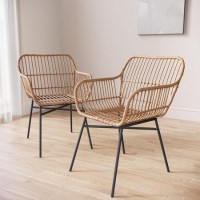 ALMOST PERFECT - Set of 2 Brown Rattan Effect Dining Armchairs with Black Legs - Fion ALMOST PERFECT - Set of 2 Brown Rattan Effect Dining Armchairs with Black Legs - Fion