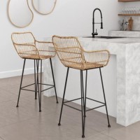 Set of 2 Brown Rattan Effect Bar Stools with Backs - 75 cm - Fion