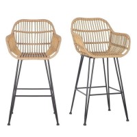 GRADE A1 - Pair of Brown Rattan Effect Barstools with Arms - Scandi Style - Fion