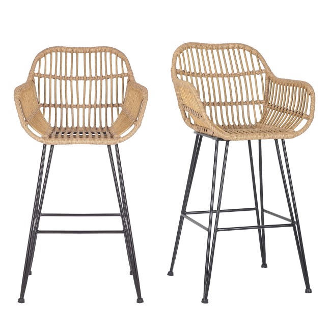 GRADE A1 - Pair of Brown Rattan Effect Barstools with Arms - Scandi Style - Fion