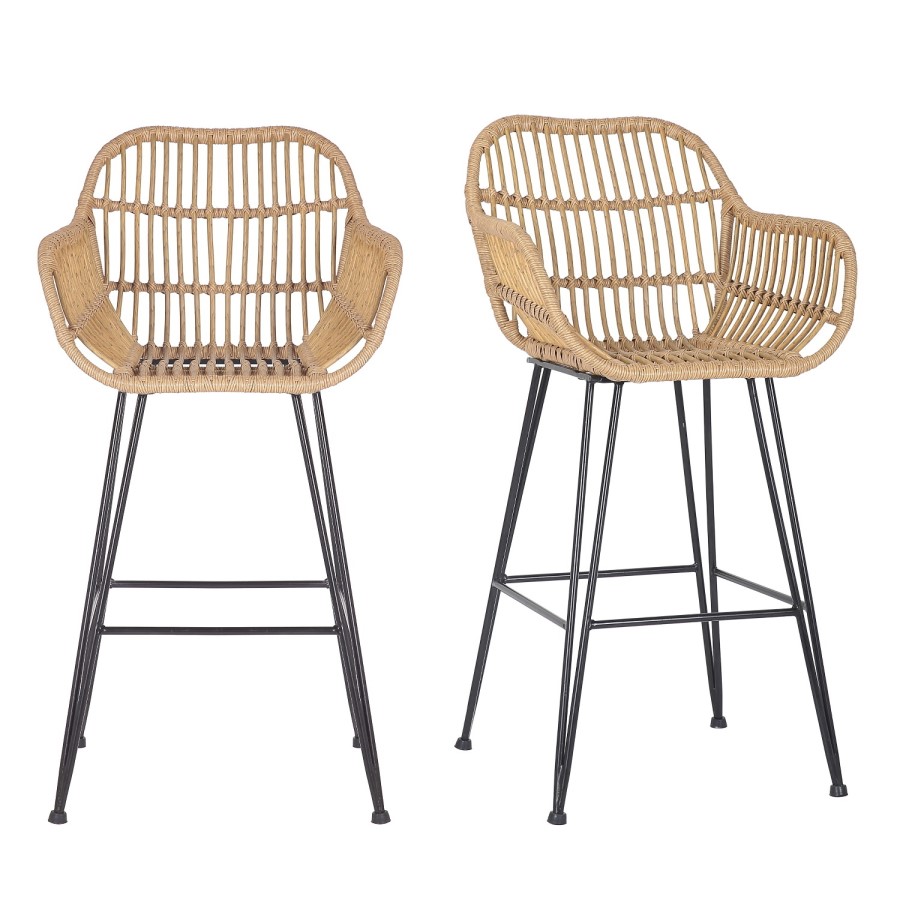 Set of 2 Brown Rattan Effect Bar Stools with Backs - 75 cm - Fion