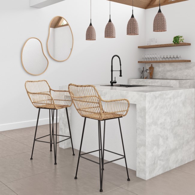 GRADE A1 - Pair of Brown Rattan Effect Barstools with Arms - Scandi Style - Fion