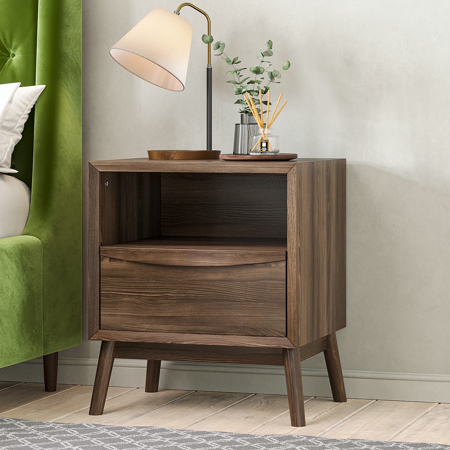 Photo of Walnut mid-century bedside table with drawer - frances