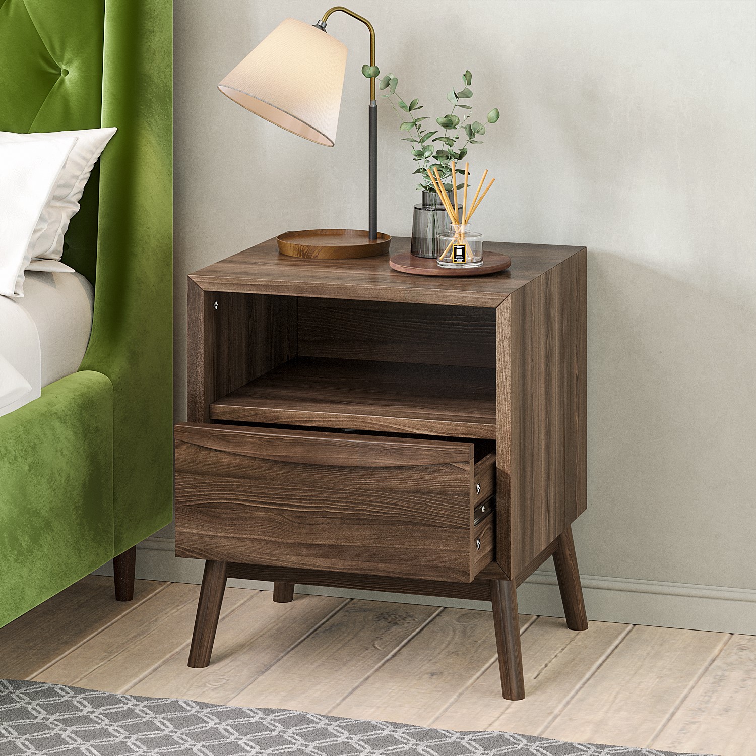 Read more about Walnut mid-century bedside table with drawer frances