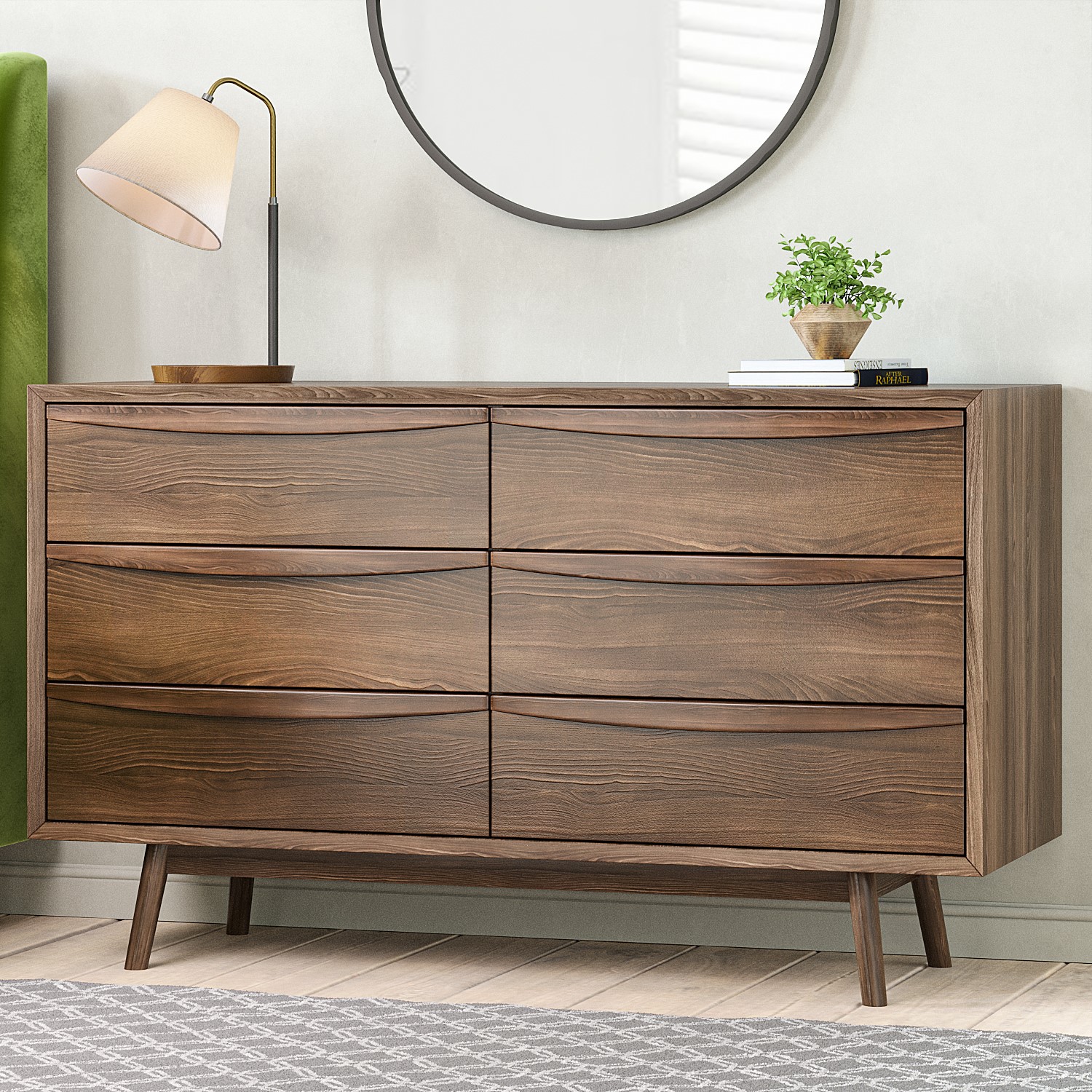 Photo of Wide walnut mid-century chest of 6 drawers with legs - frances