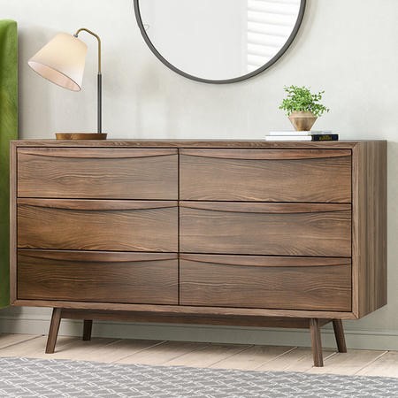 Wide Walnut Mid-Century Chest of 6 Drawers with Legs - Frances ...