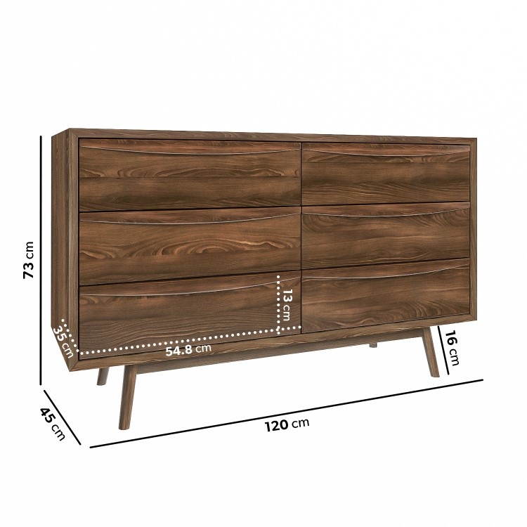 ALMOST PERFECT - Wide Walnut Mid-Century Chest of 6 Drawers with Legs - Frances