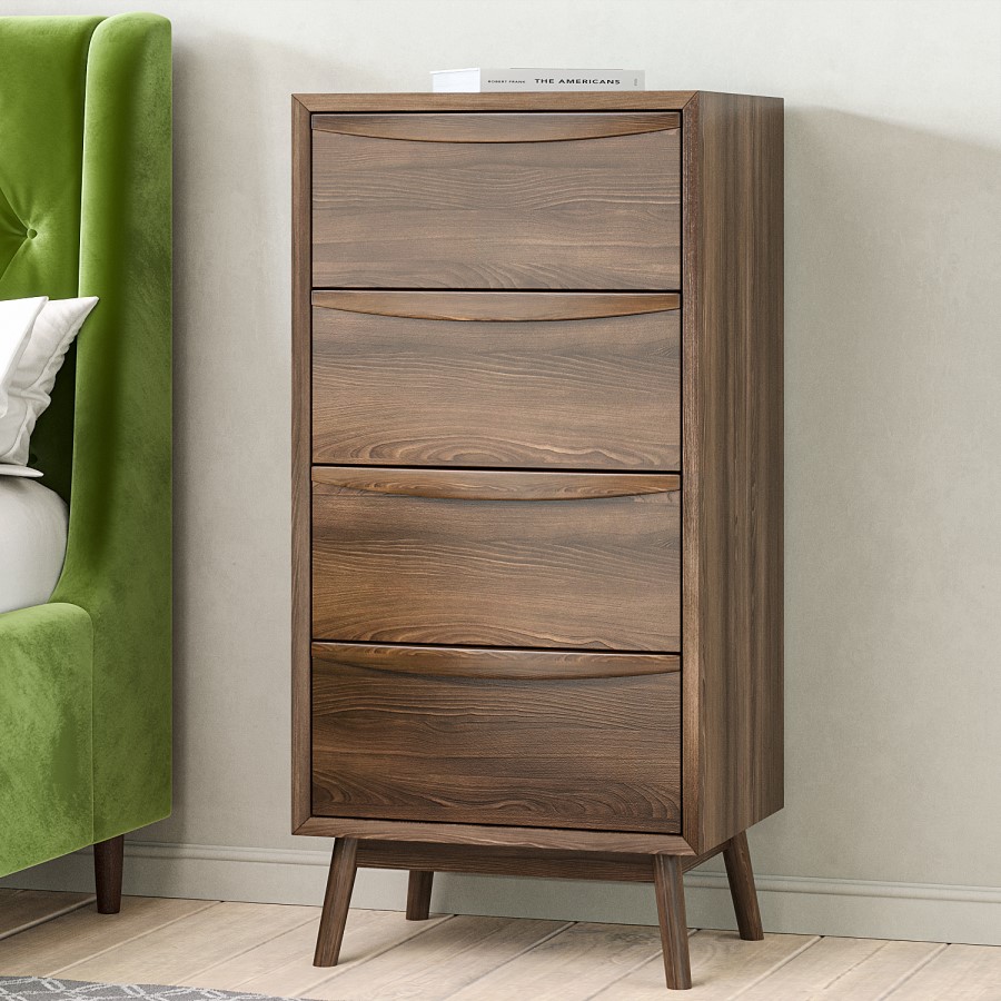 Tall Narrow Walnut Mid-Century Chest of 4 Drawers with Legs - Frances