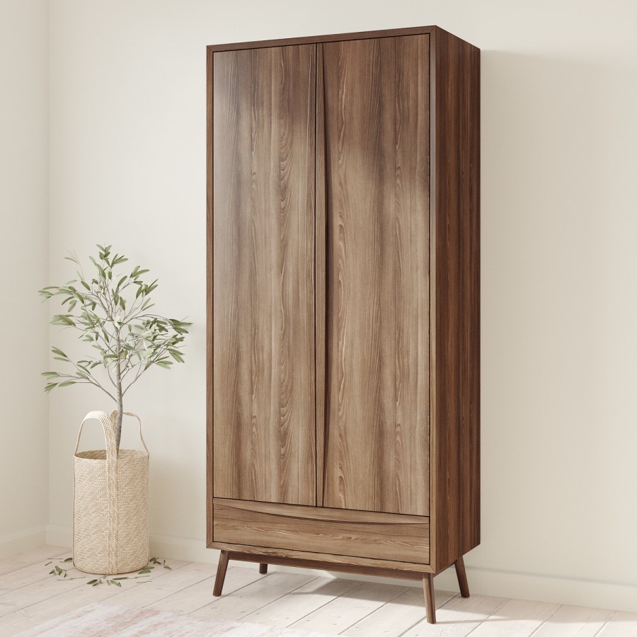 Walnut Mid-Century Double Wardrobe with Drawer - Frances