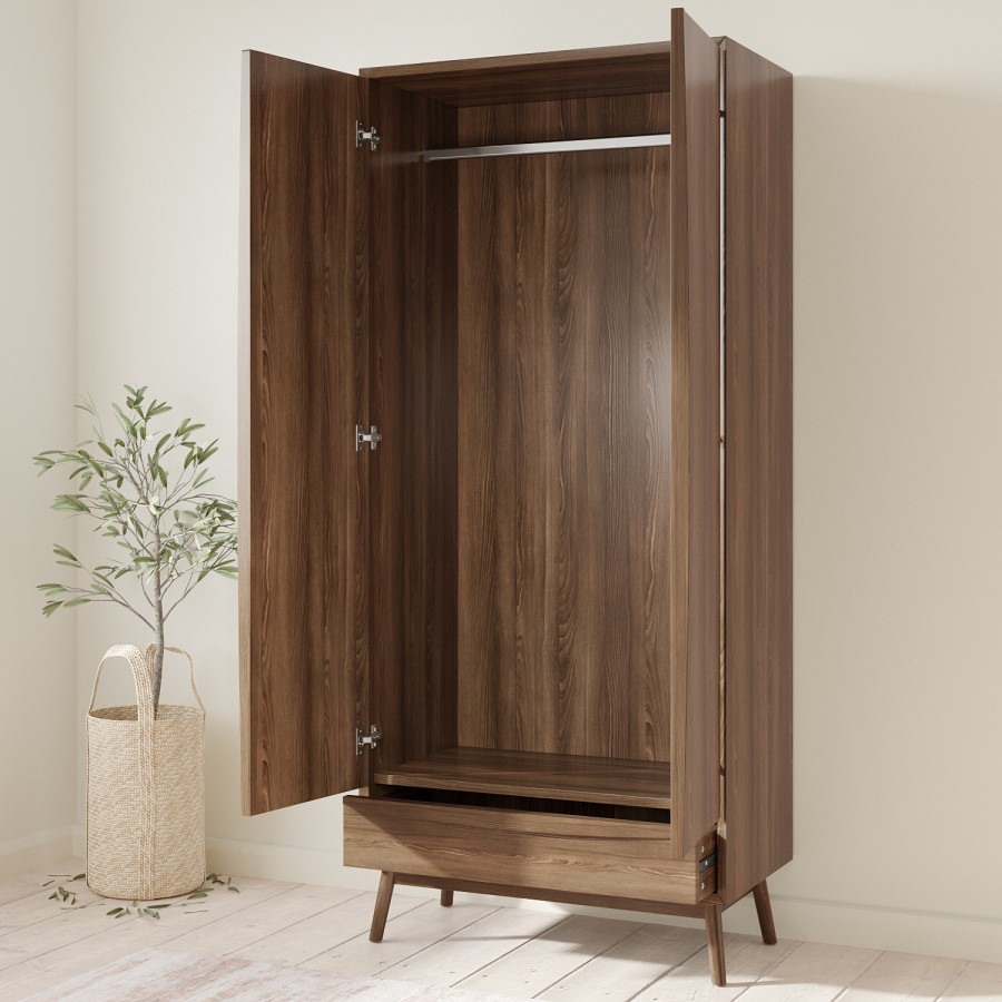 Walnut Mid-Century Double Wardrobe with Drawer - Frances