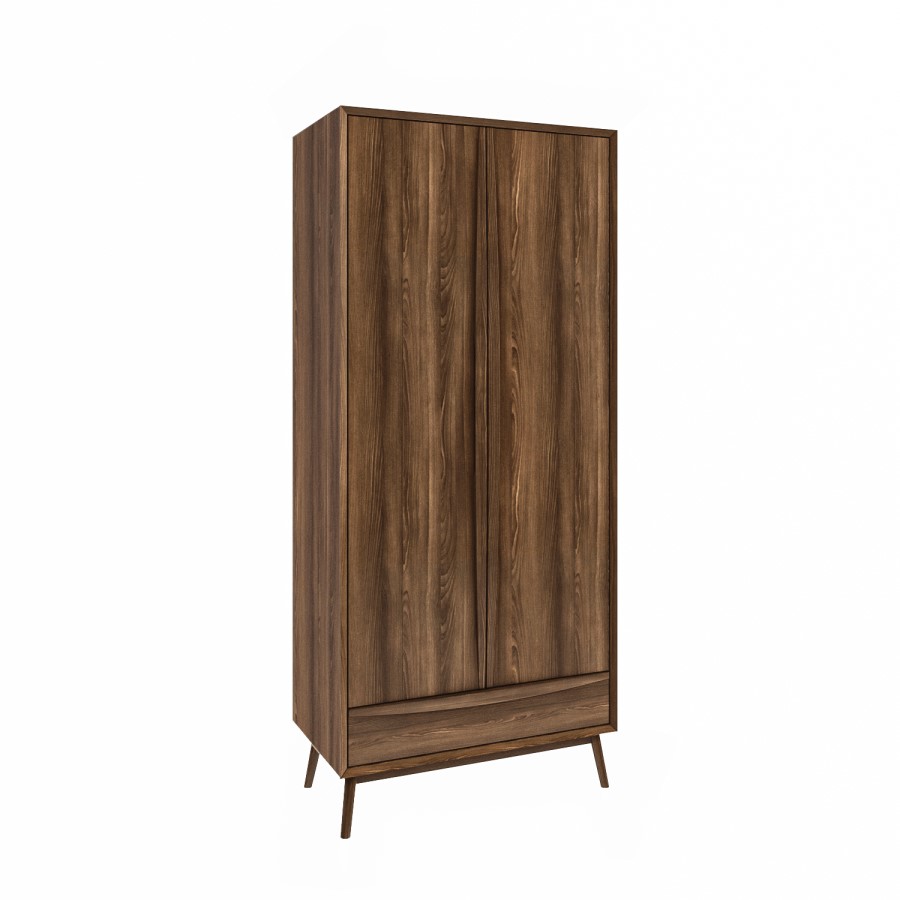 Walnut Mid-Century Double Wardrobe with Drawer - Frances